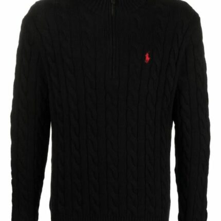 Polo Ralph Lauren CABLE-KNIT COTTON QUARTER-ZIP SWEATER – Jumper – BLACK
