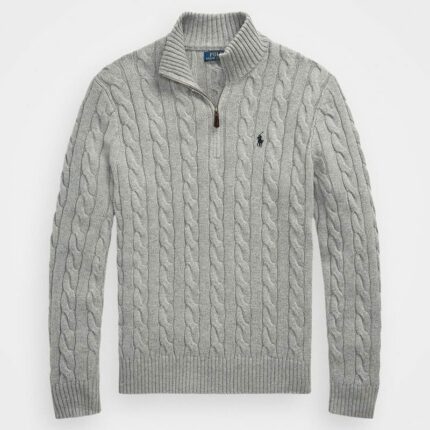 Polo Ralph Lauren CABLE-KNIT COTTON QUARTER-ZIP SWEATER – Jumper – GREY