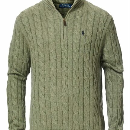 Polo Ralph Lauren CABLE-KNIT COTTON QUARTER-ZIP SWEATER – Jumper – OLIVE