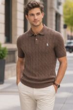 R L Cable-Knit Cotton Polo Sweater -BROWN