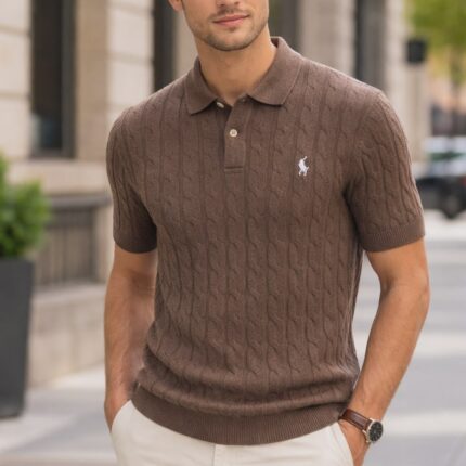 R L Cable-Knit Cotton Polo Sweater -BROWN