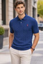 R L Cable-Knit Cotton Polo Sweater -NAVY