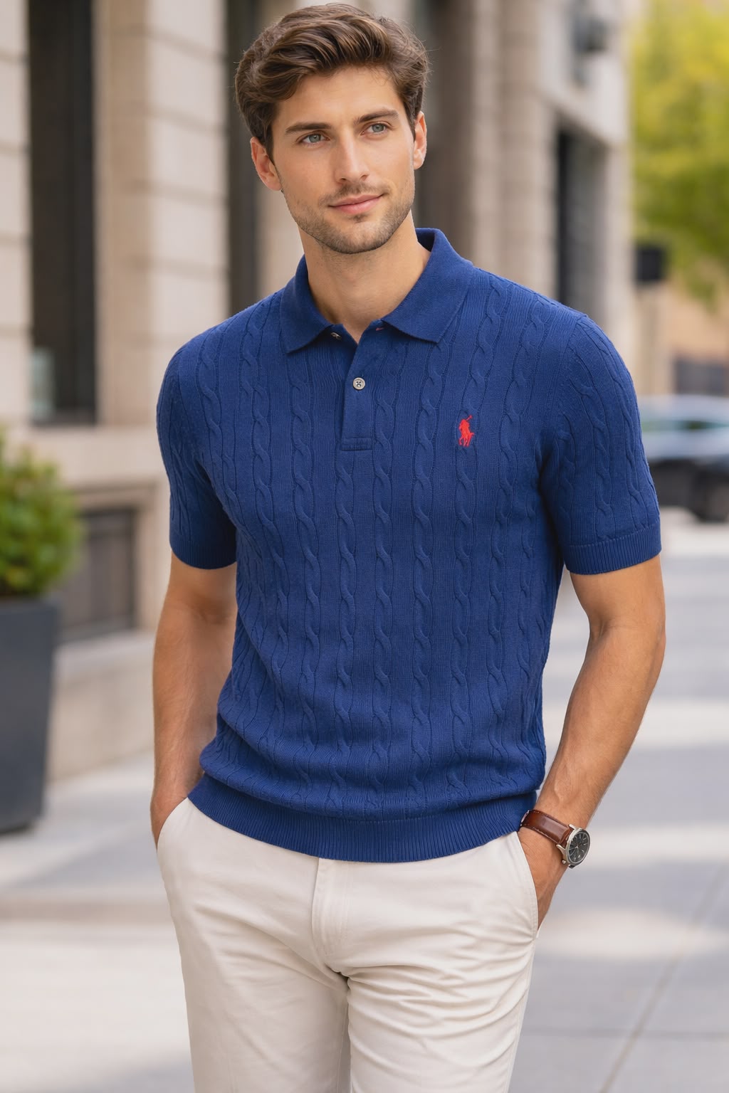 496bb4e3-bd8d-4b39-92a4-4966da9179e9 R L Cable-Knit Cotton Polo Sweater -NAVY - Image 1