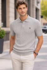 R L Cable-Knit Cotton Polo Sweater -ASH