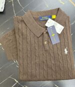 R L Cable-Knit Cotton Polo Sweater -BROWN - Image 2