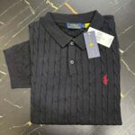 R L Cable-Knit Cotton Polo Sweater -BLACK - Image 3